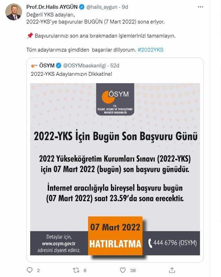 ÖSYM Başkanı Aygün: YKS’ye başvurular bugün sona eriyor