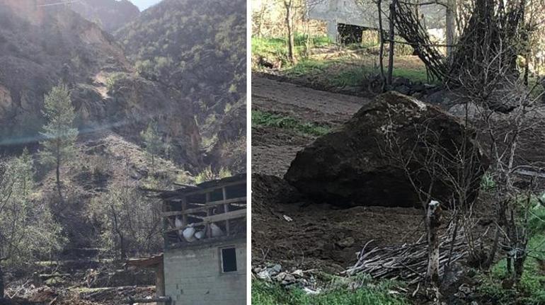 Artvinde yamaçtan kopan dev kayalar bir evin bahçesine düştü