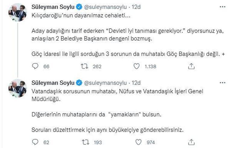 Bakan Soyludan Kılıçdaroğluna: 2 belediye başkanın dengeni bozmuş