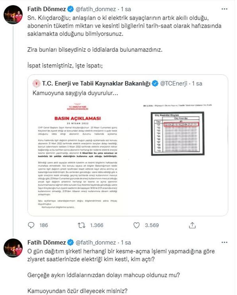 Kılıçdaroğlunun elektrik iddiasına Bakan Dönmezden belgeli yanıt: İspat istemiştiniz, işte ispatı