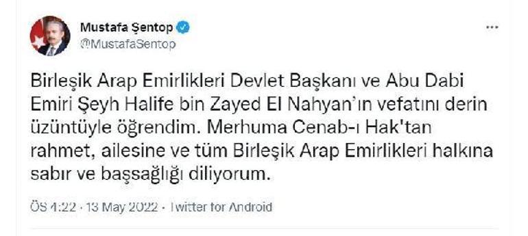 TBMM Başkanı Şentoptan BAE Devlet Başkanı El Nahyan için taziye mesajı