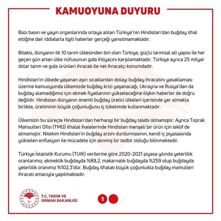 Son dakika:  Bakanlıktan Türkiye Hindistandan buğday ithal ediyor iddiasına yalanlama
