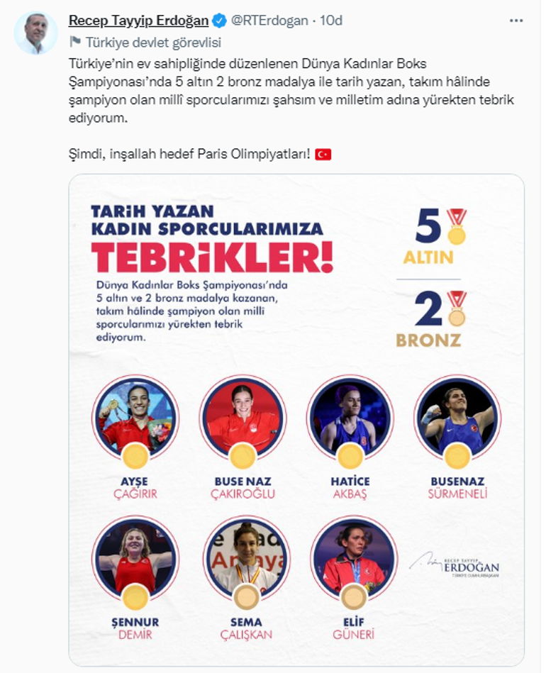 Cumhurbaşkanı Recep Tayyip Erdoğan, tarih yazan kadın boksörleri tebrik etti
