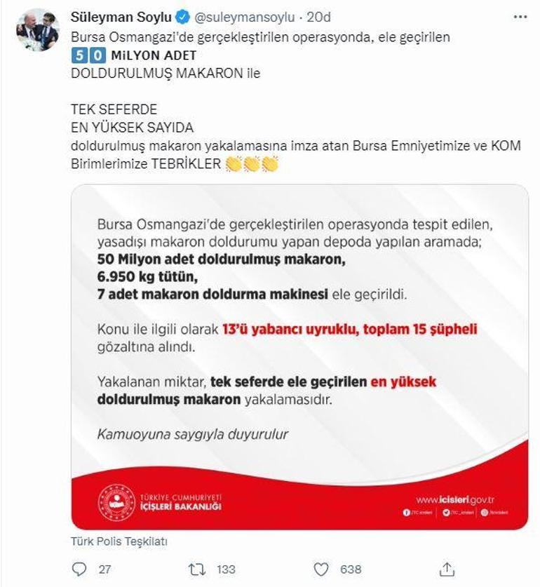 Bakan Soylu duyurdu: Tek seferde en yüksek sayıda makaron yakalandı