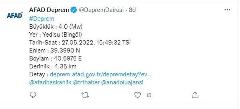 Son dakika Bingölde 4.0 büyüklüğünde deprem