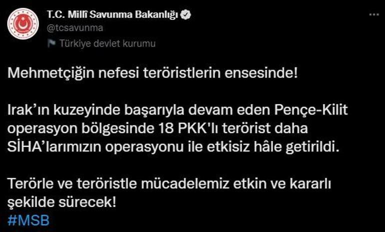 Irakın kuzeyinde 18 terörist SİHAlarla etkisiz hale getirildi