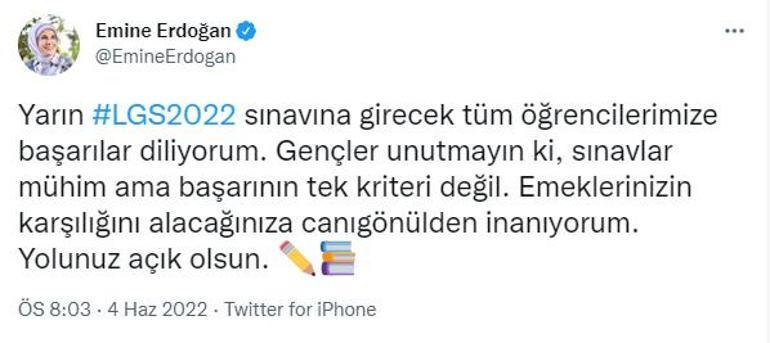 Emine Erdoğan LGSye girecek öğrencilere başarılar diledi