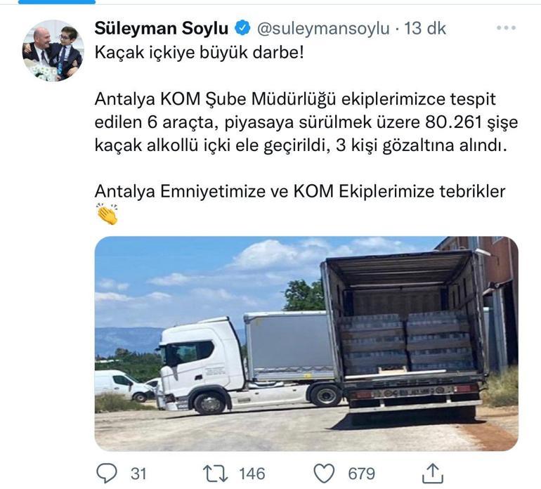 Bakan Soyludan, Antalyada 80 bin şişe kaçak içki ele geçiren ekiplere tebrik