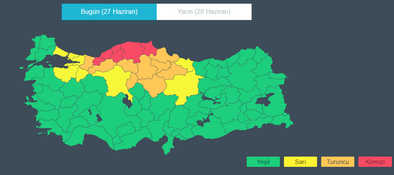 27 Haziran Hava durumu bugün nasıl olacak Meteorolojiden 6 il için kırmızı kodlu uyarı Batı Karadenizde aşırı yağış etkili oluyor