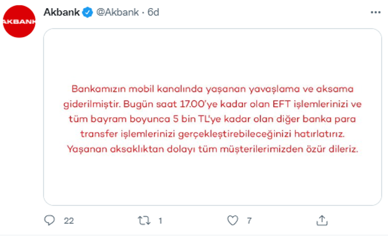 Akbank mobil uygulamasındaki arıza giderildi