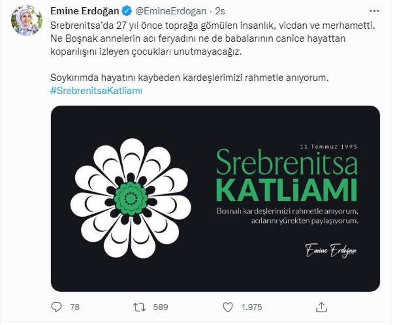 Emine Erdoğandan Srebrenitsa katliamı mesajı