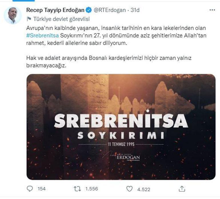 Cumhurbaşkanı Erdoğan Srebrenitsa Soykırımı paylaşımı