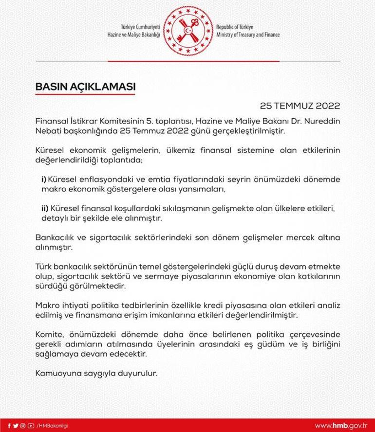 Finansal İstikrar Komitesi 5. kez toplandı Bakan Nebati: Komitemiz gerekli görülen adımları kararlılıkla atacak