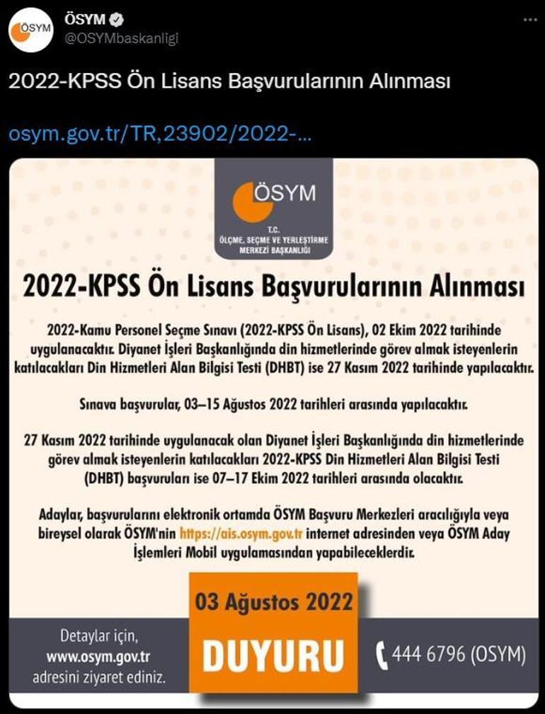 ÖSYM detayları paylaştı 2022-KPSS ön lisans başvuruları açıklaması