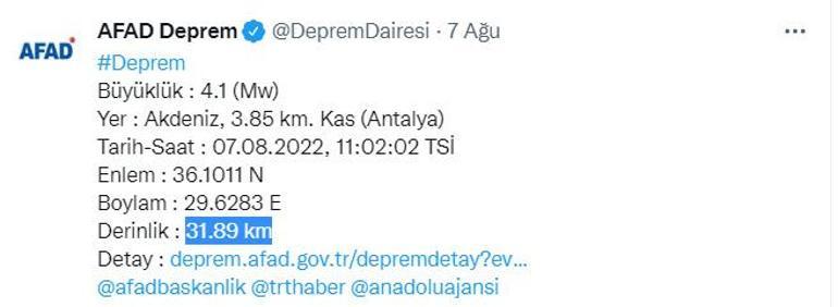 Son dakika... Antalya Kaşta 4,1 büyüklüğünde deprem