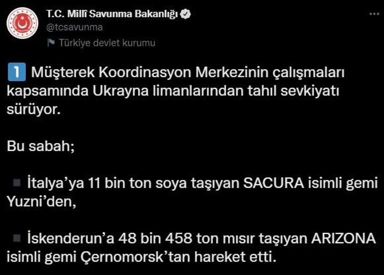 MSB paylaştı Ukraynadan 2 gemi daha yola çıktı