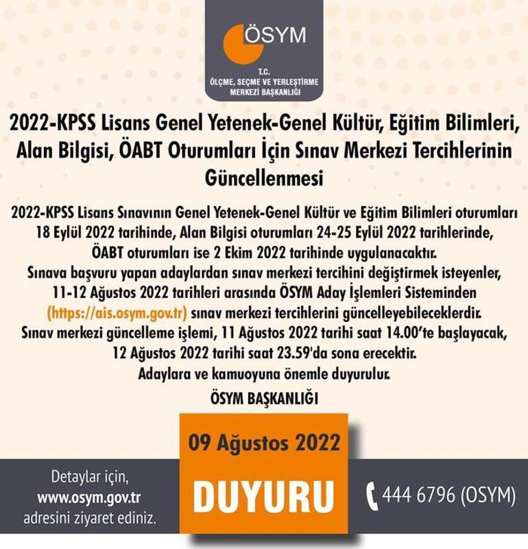 ÖSYMden KPSS 2022 sınav merkezi tercih güncellemesiyle ilgili açıklama