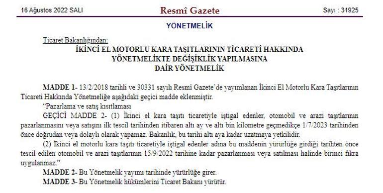 İkinci el otomobil satışlarında yeni dönem Resmi Gazetede yayımlandı