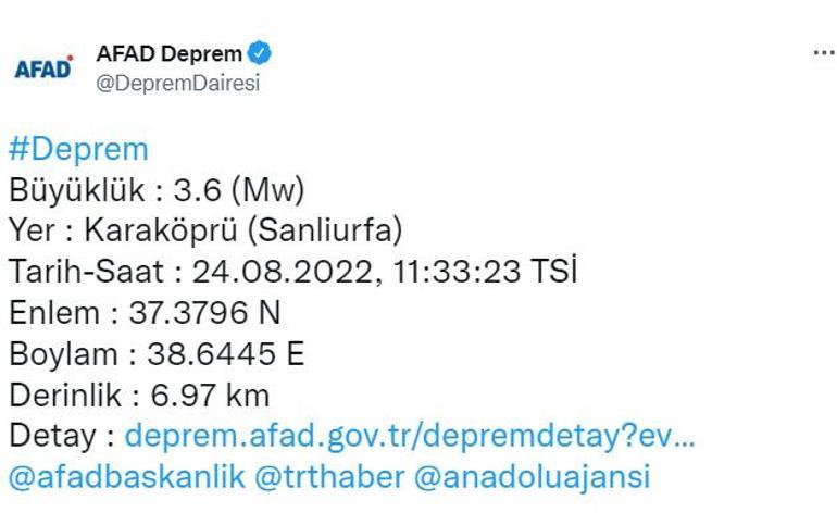 Son dakika... Şanlıurfada 3.6 büyüklüğünde deprem