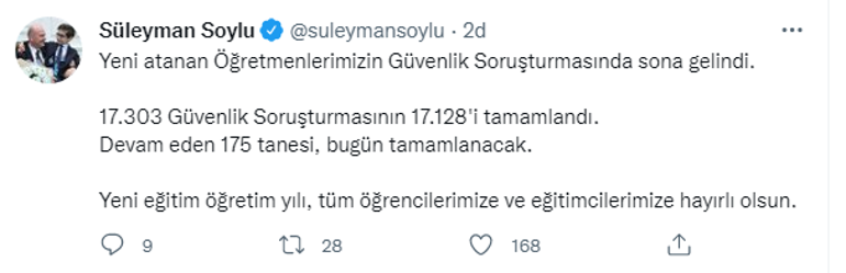 Bakan Soyludan öğretmenlerin güvenlik soruşturmasıyla ilgili açıklama