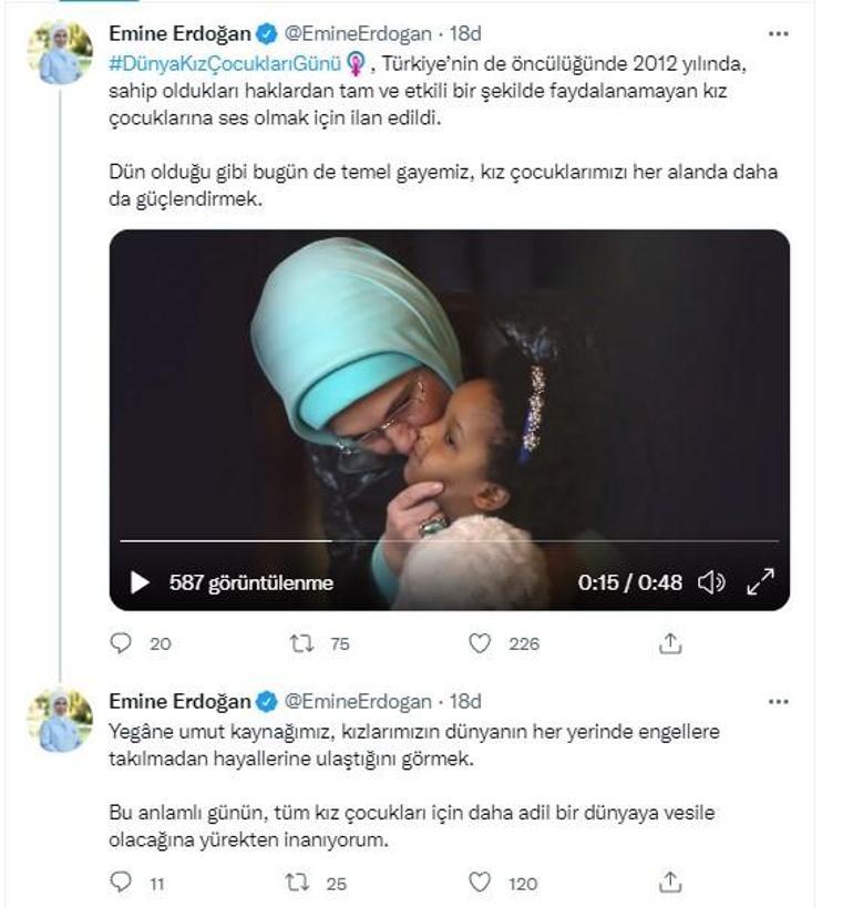 Emine Erdoğandan Dünya Kız Çocukları Günü paylaşımı