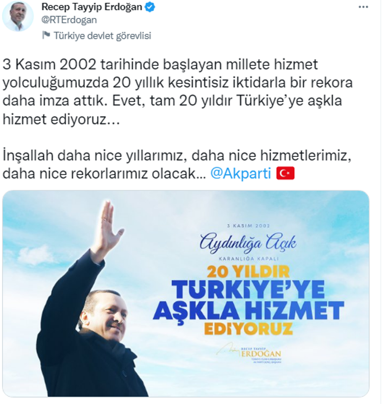 Cumhurbaşkanı Erdoğandan 3 Kasım paylaşımı: Nice hizmetlerimiz, nice rekorlarımız olacak