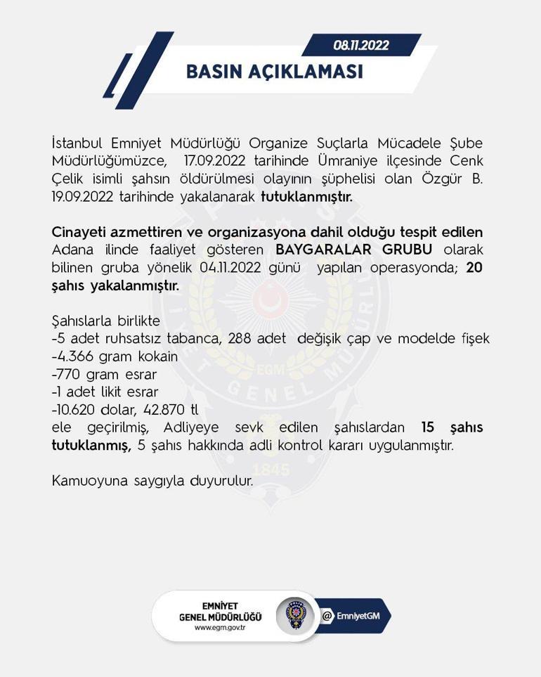 Adanada Baygaralar Grubu olarak bilinen suç örgütüne operasyon; 15 tutuklama