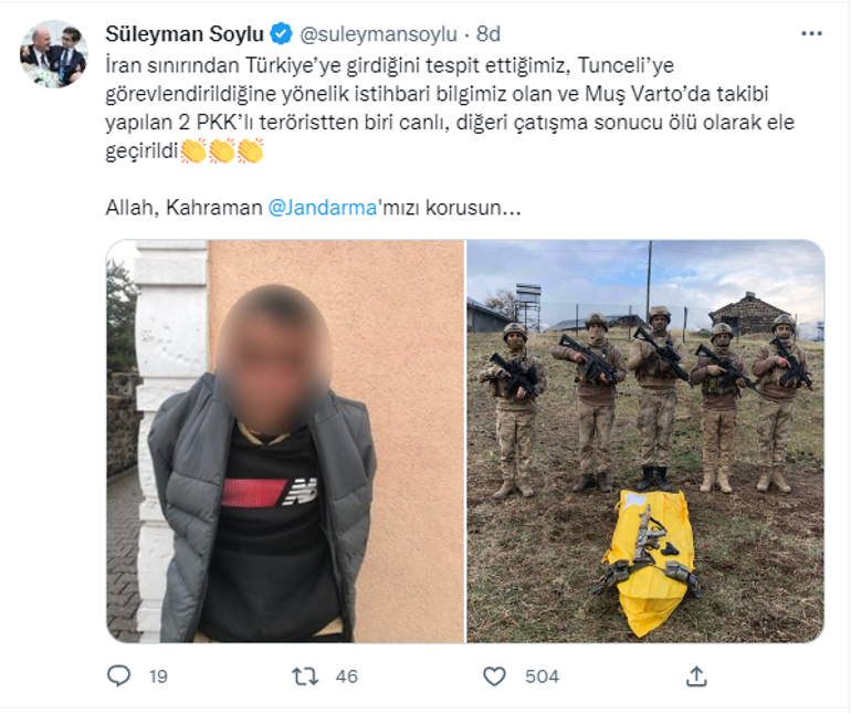 Bakan Soylu açıkladı: İran sınırından girdiği tespit edilen 2 PKKlı terörist etkisiz hale getirildi