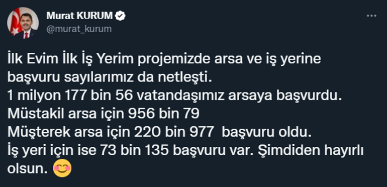 Bakan Kurum duyurdu Arsa ve iş yerlerine başvuru sayısı belli oldu