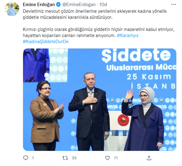 Emine Erdoğandan 25 Kasım mesajı: Kırmızı çizgimiz olarak görüyoruz