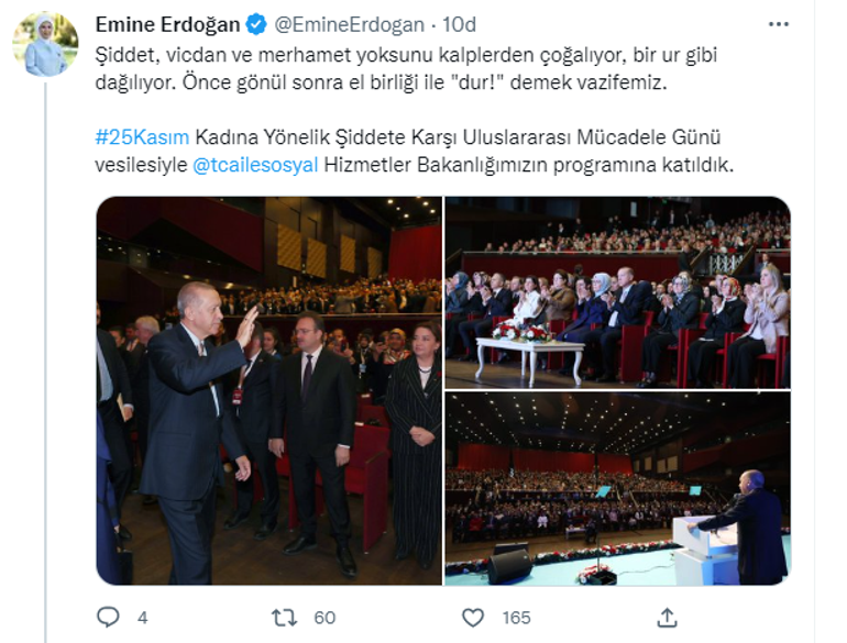 Emine Erdoğandan 25 Kasım mesajı: Kırmızı çizgimiz olarak görüyoruz