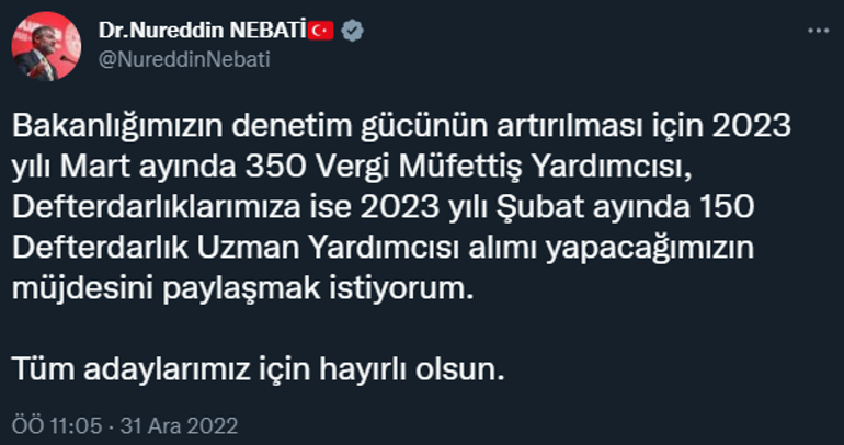 Bakan Nebati hayırlı olsun diyerek duyurdu Vergi müfettiş yardımcısı alınacak