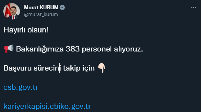 Bakan Murat Kurum açıkladı 383 personel alınacak