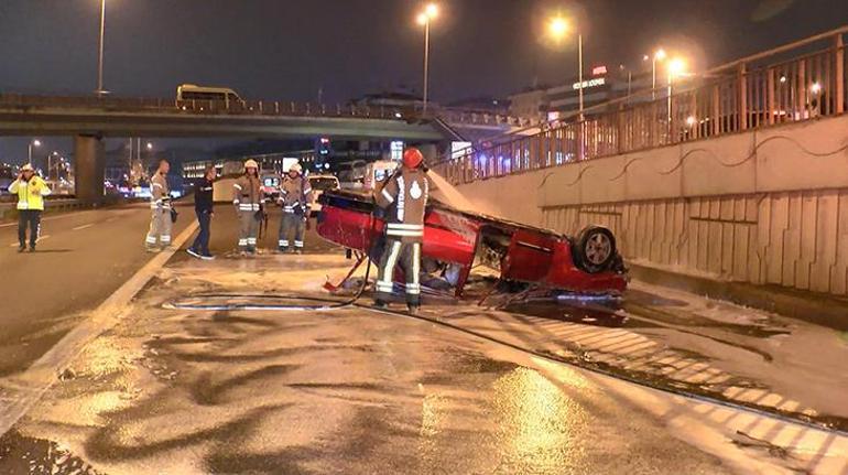 Pendik’te takla atan otomobil yandı: 4 kişi yaralandı