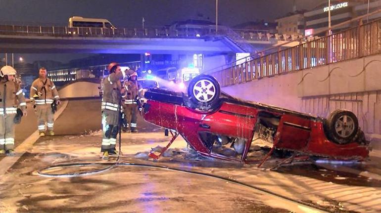 Pendik’te takla atan otomobil yandı: 4 kişi yaralandı