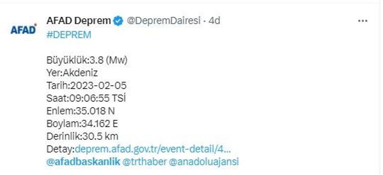Akdenizde 3.8 büyüklüğünde deprem