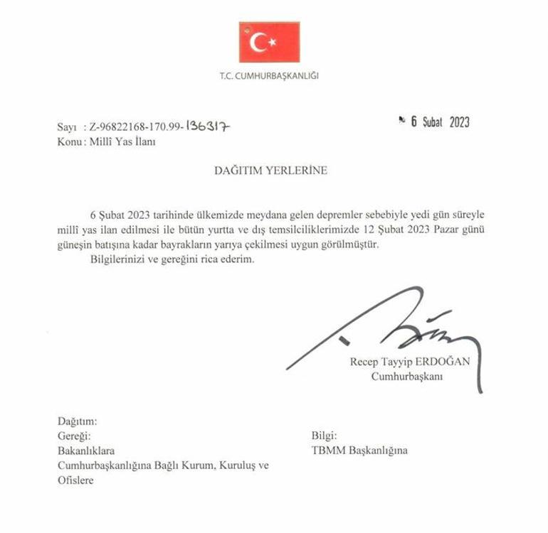 Cumhurbaşkanı Erdoğan duyurdu 7 gün milli yas ilan edildi