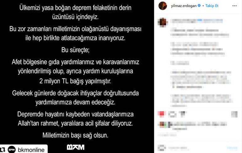 Yılmaz Erdoğan ve BKMden deprem bölgesine 2 milyon TL bağış