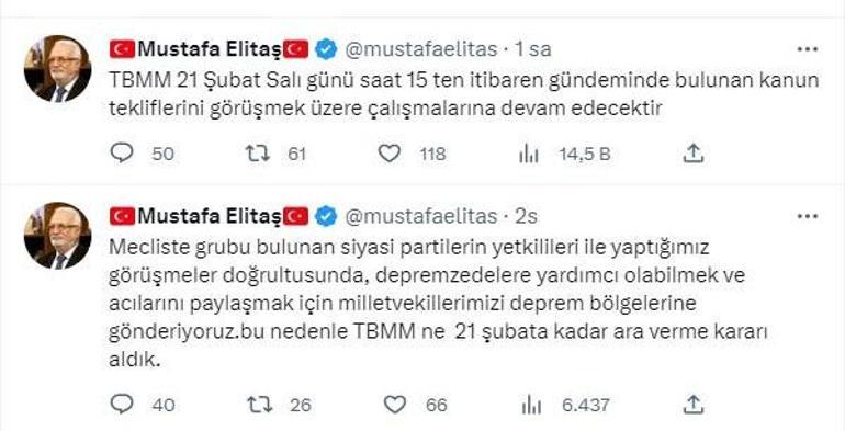 TBMM çalışmalarına 21 Şubata kadar ara verdi