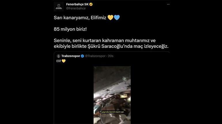 Trabzonspor ve Fenerbahçe, enkazdan kurtarılan Elif için el ele