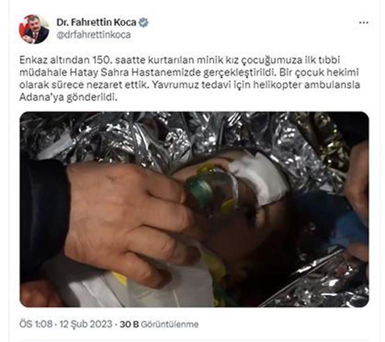 Fahrettin Koca, 150nci saatte kurtarılan minik kızı paylaştı
