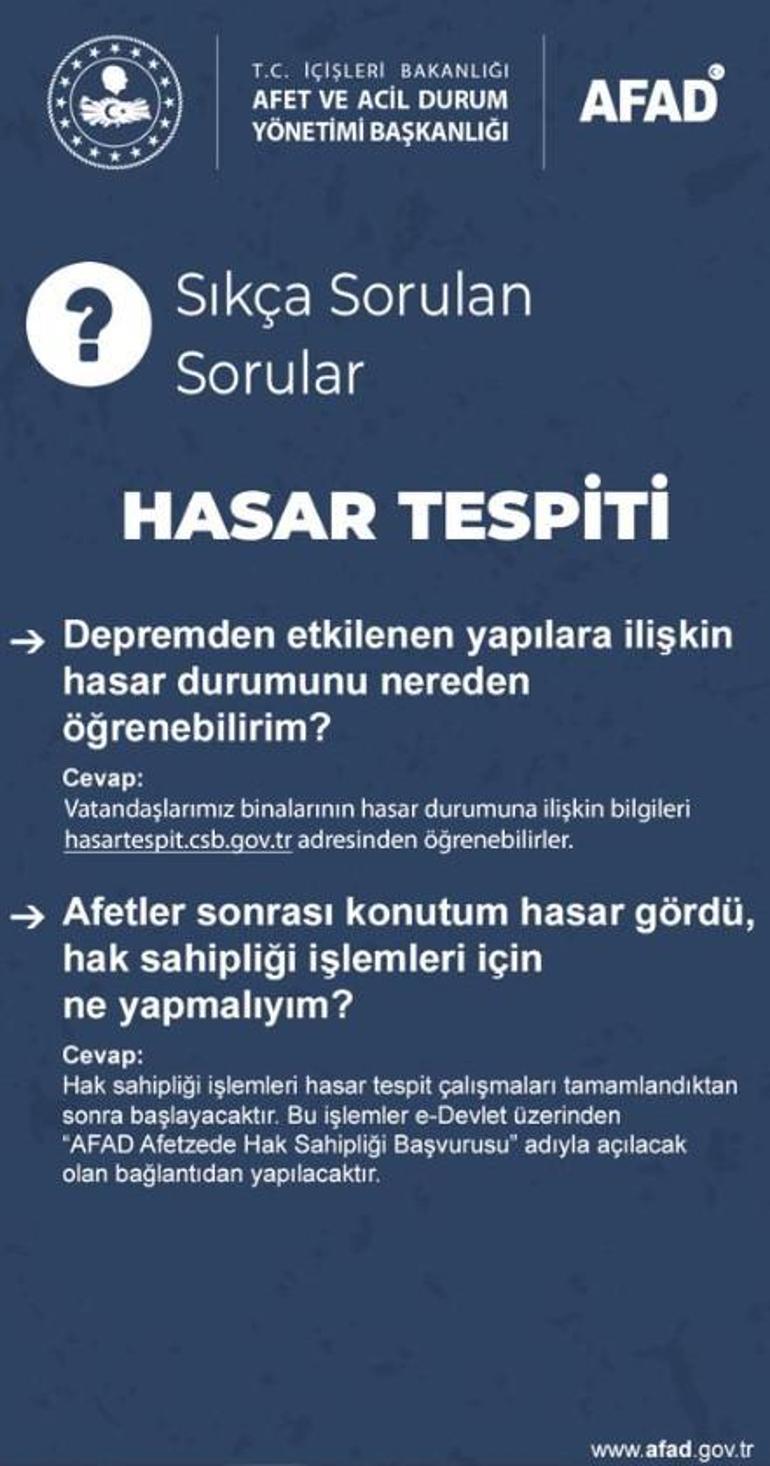 AFADdan deprem bölgesi için Sıkça sorulan sorular başlıklı paylaşım