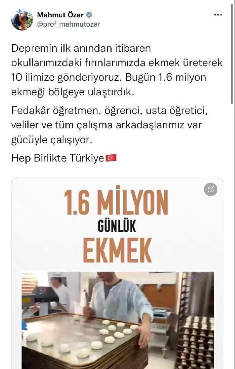Bakan Özer: Meslek liselerinde üretilen günlük 1,6 milyon ekmeği deprem bölgesine ulaştırdık