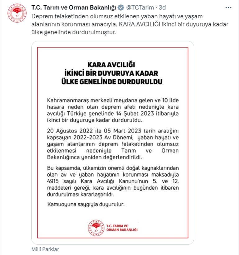 Kara avcılığı ülke genelinde durduruldu