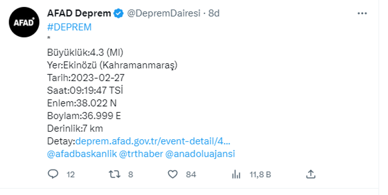 Kahramanmaraşta 4.3 şiddetinde deprem