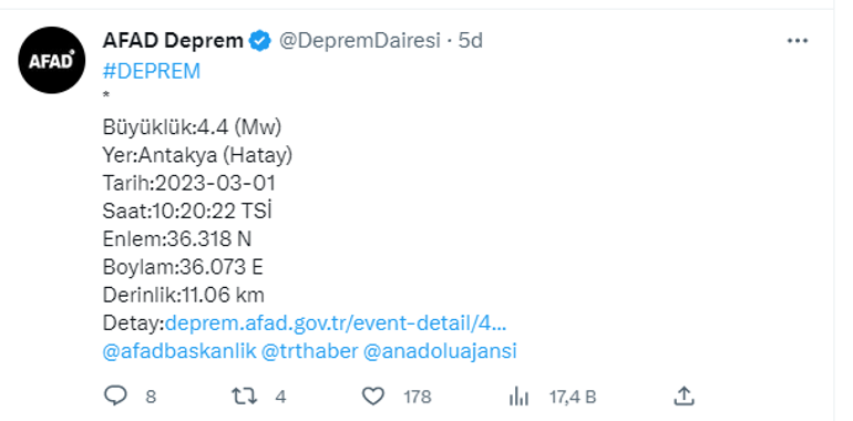 Hatayda 4.4 büyüklüğünde deprem