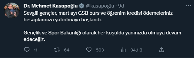 Bakan Kasapoğlu duyurdu: GSB burs ve öğrenim kredisi ödemeleri başladı