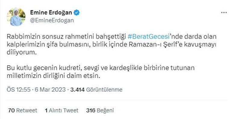 Emine Erdoğandan Berat Kandili mesajı