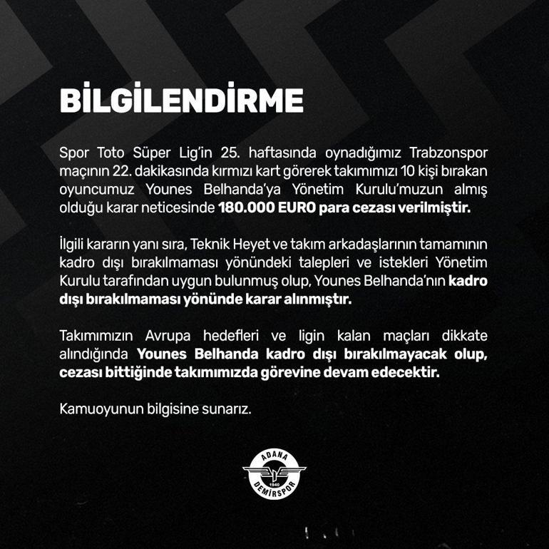 Adana Demirspordan Belhanda için kadro dışı açıklaması