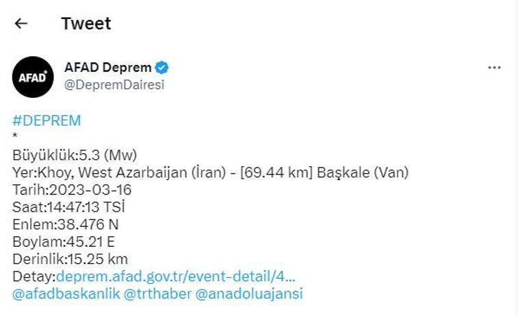 Türkiye- İran sınırında 5.3 büyüklüğünde deprem